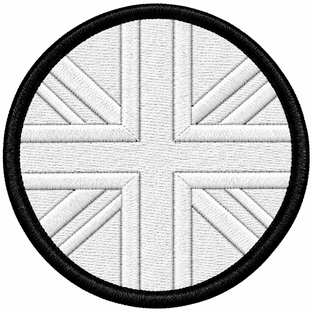 80mm round Union Jack embroidered patch in all white with a thick black border