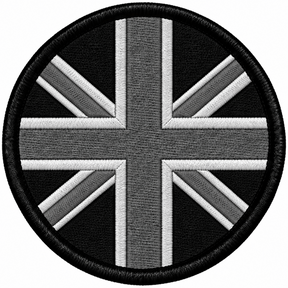 80mm round Union Jack embroidered patch in black grey & white with a thick black border