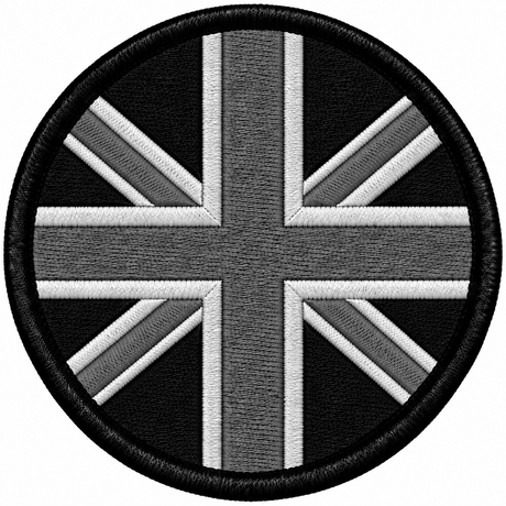 80mm round Union Jack embroidered patch in black grey & white with a thick black border