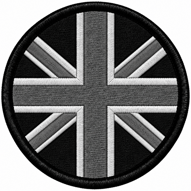 80mm round Union Jack embroidered patch in black grey & white with a thick black border