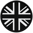 80mm round Union Jack embroidered patch in black & white with a thick black border