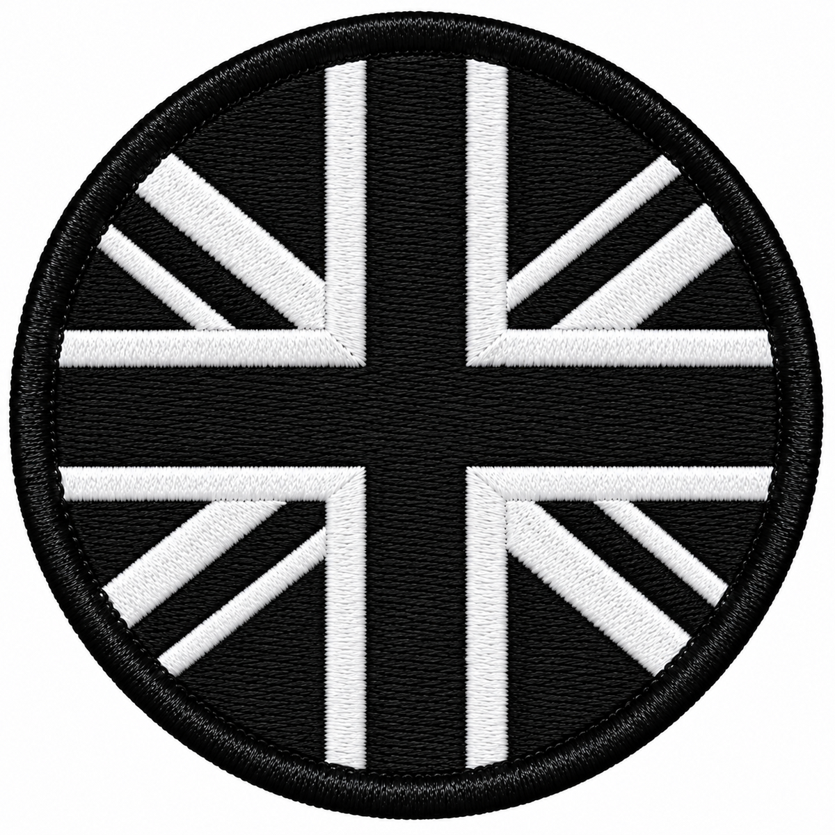80mm round Union Jack embroidered patch in black & white with a thick black border