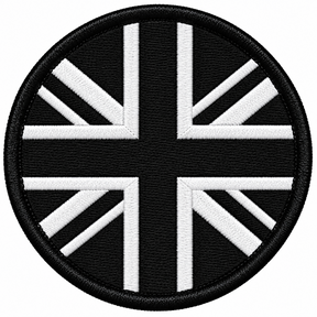 80mm round Union Jack embroidered patch in black & white with a thick black border