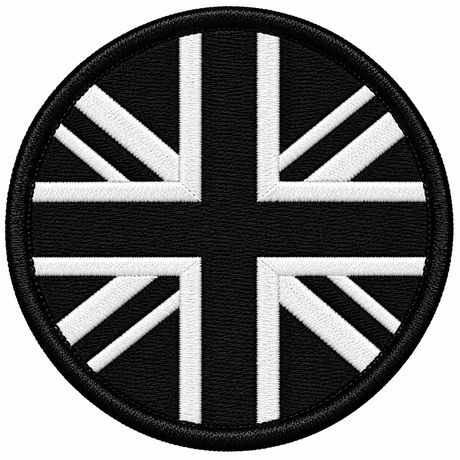 80mm round Union Jack embroidered patch in black & white with a thick black border