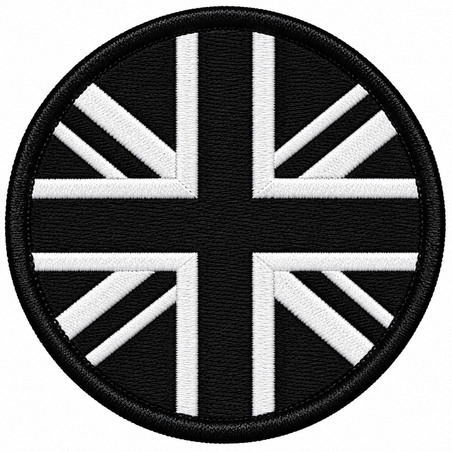 80mm round Union Jack embroidered patch in black & white with a thick black border