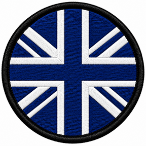 80mm round Union Jack embroidered patch in blue & white with a thick black border