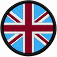 80mm round Union Jack embroidered patch in claret sky blue & white with a thick black border