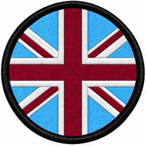 80mm round Union Jack embroidered patch in claret sky blue & white with a thick black border