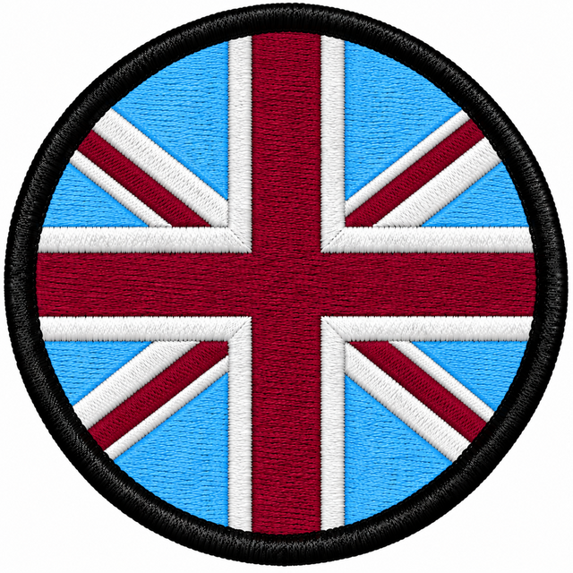 80mm round Union Jack embroidered patch in claret sky blue & white with a thick black border
