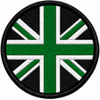 80mm round Union Jack embroidered patch in green black & white with a thick black border