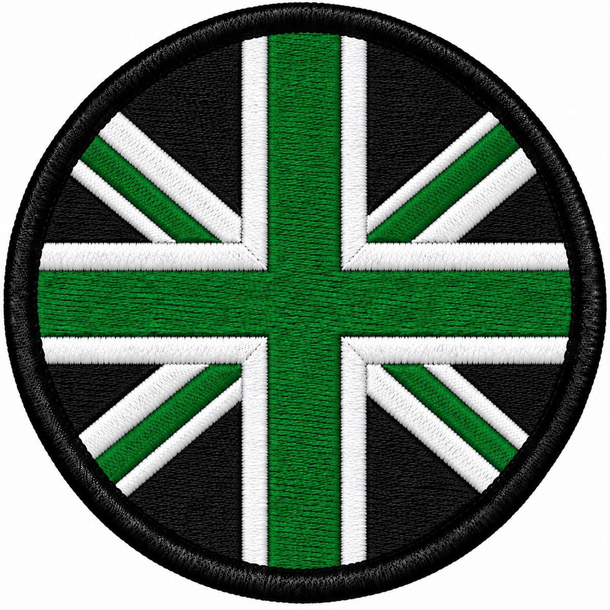 80mm round Union Jack embroidered patch in green black & white with a thick black border
