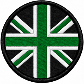 80mm round Union Jack embroidered patch in green black & white with a thick black border