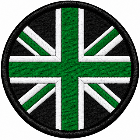 80mm round Union Jack embroidered patch in green black & white with a thick black border
