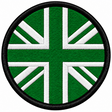 80mm round Union Jack embroidered patch in green & white with a thick black border