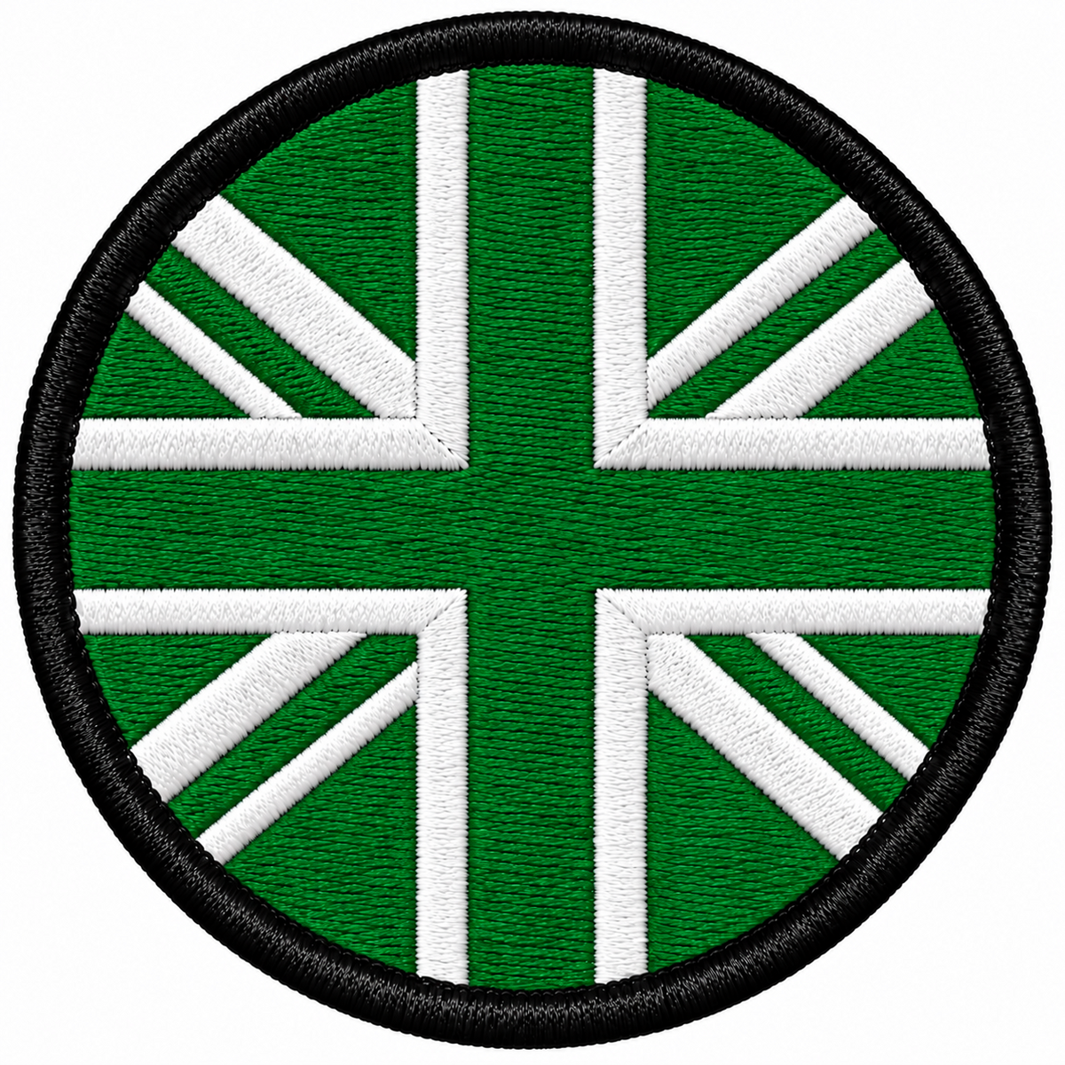 80mm round Union Jack embroidered patch in green & white with a thick black border