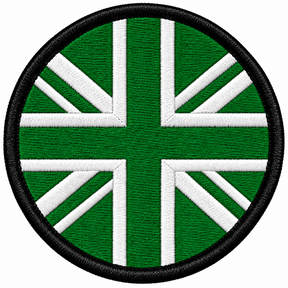 80mm round Union Jack embroidered patch in green & white with a thick black border