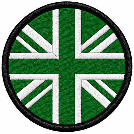80mm round Union Jack embroidered patch in green & white with a thick black border