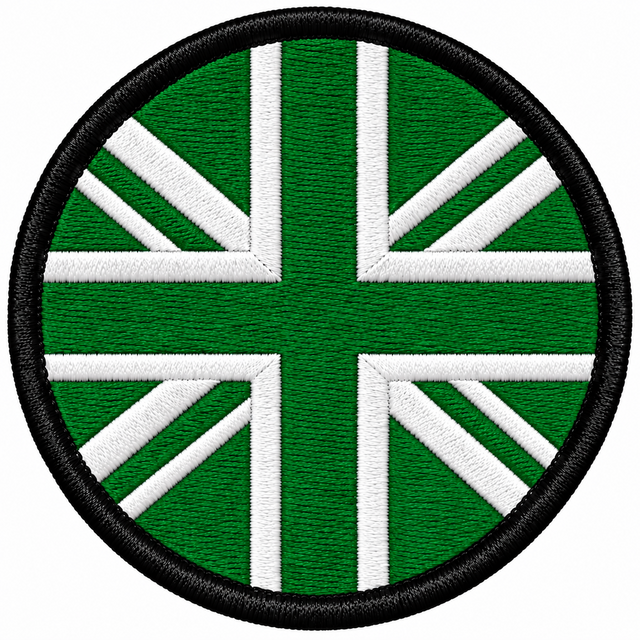 80mm round Union Jack embroidered patch in green & white with a thick black border