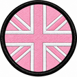 80mm round Union Jack embroidered patch in light pink & white with a thick black border