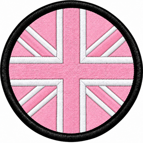 80mm round Union Jack embroidered patch in light pink & white with a thick black border