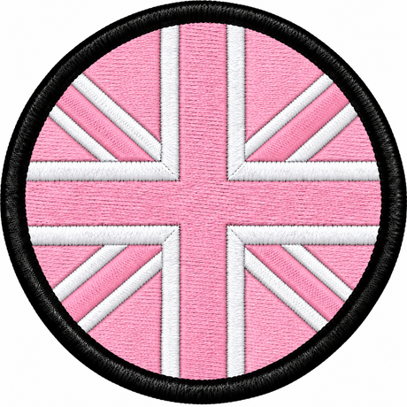 80mm round Union Jack embroidered patch in light pink & white with a thick black border