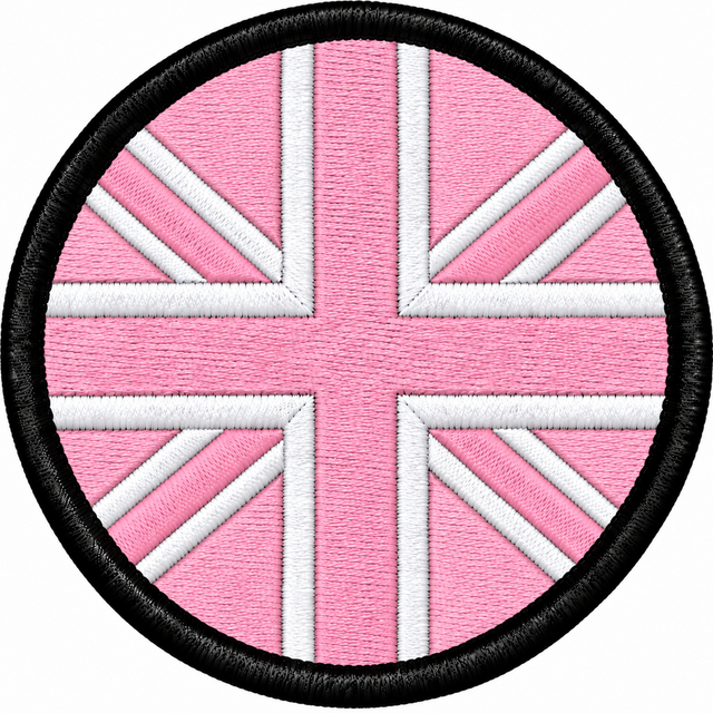 80mm round Union Jack embroidered patch in light pink & white with a thick black border