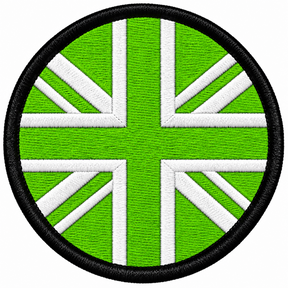 80mm round Union Jack embroidered patch in lime green & white with a thick black border