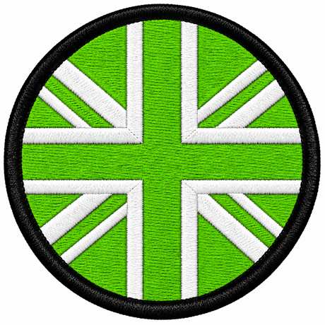 80mm round Union Jack embroidered patch in lime green & white with a thick black border