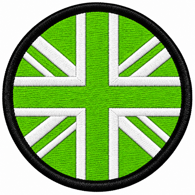 80mm round Union Jack embroidered patch in lime green & white with a thick black border