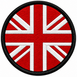 80mm round Union Jack embroidered patch in red & white with a thick black border