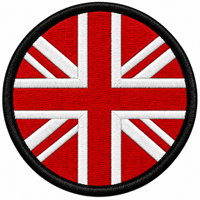 80mm round Union Jack embroidered patch in red & white with a thick black border
