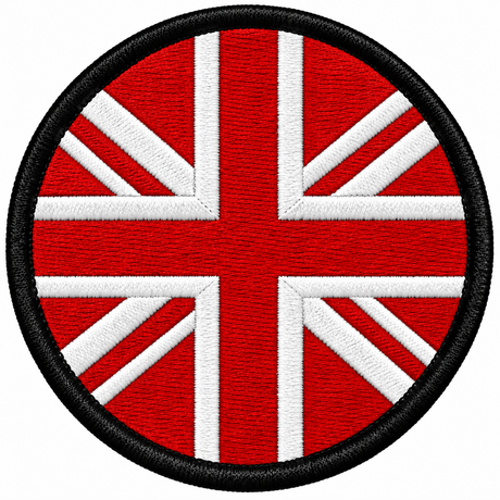 80mm round Union Jack embroidered patch in red & white with a thick black border