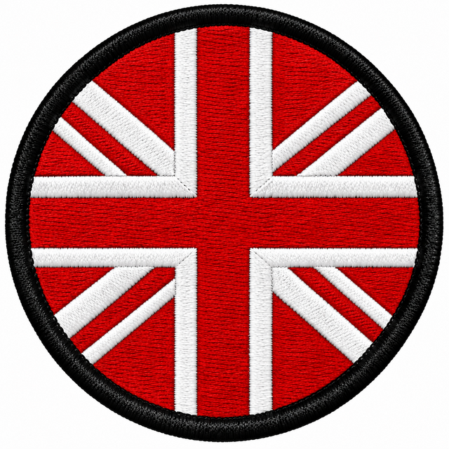 80mm round Union Jack embroidered patch in red & white with a thick black border
