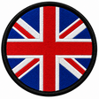 80mm round Union Jack embroidered patch in red white & blue with a thick black border