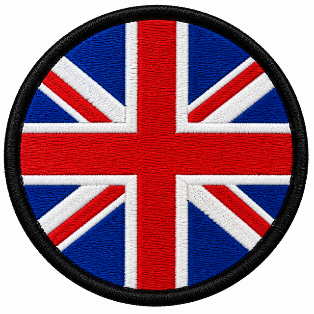 80mm round Union Jack embroidered patch in red white & blue with a thick black border