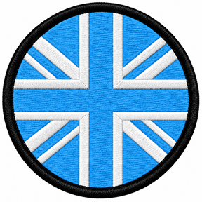 80mm round Union Jack embroidered patch in sky blue & white with a thick black border