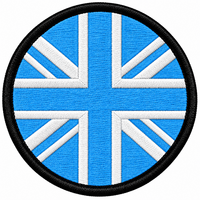 80mm round Union Jack embroidered patch in sky blue & white with a thick black border