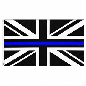 Black and white Union Jack flag with a thin blue horizontal line across the centre