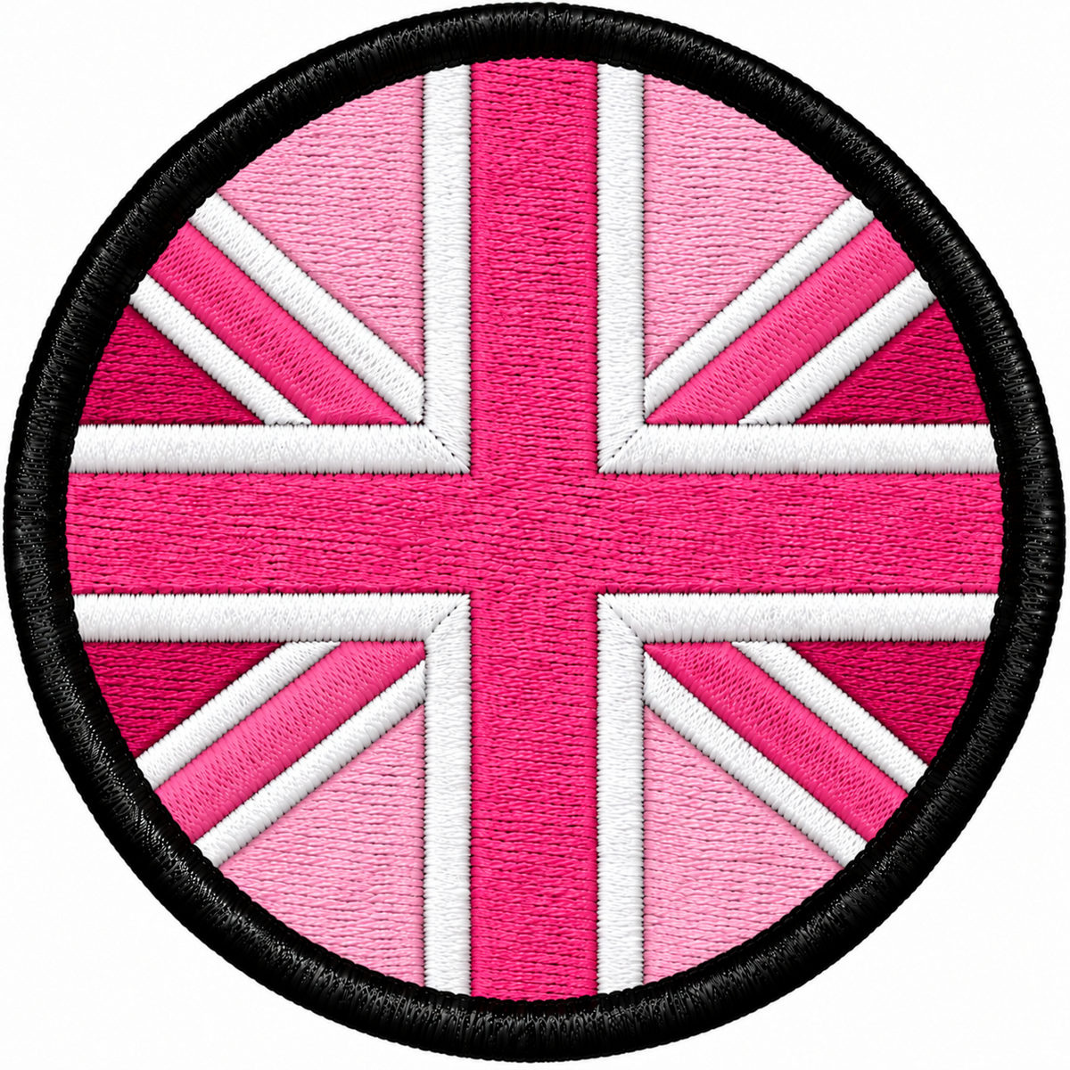 80mm round Union Jack embroidered patch in two-tone pink & white with a thick black border