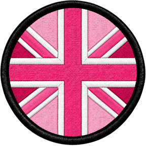 80mm round Union Jack embroidered patch in two-tone pink & white with a thick black border