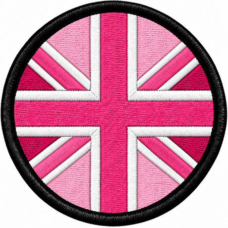 80mm round Union Jack embroidered patch in two-tone pink & white with a thick black border