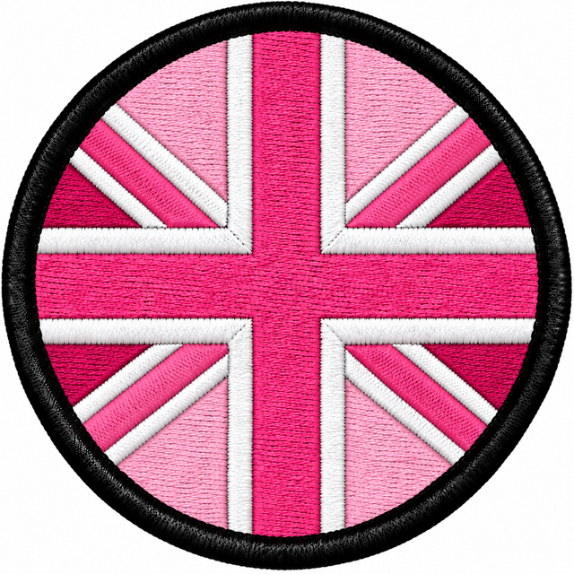 80mm round Union Jack embroidered patch in two-tone pink & white with a thick black border
