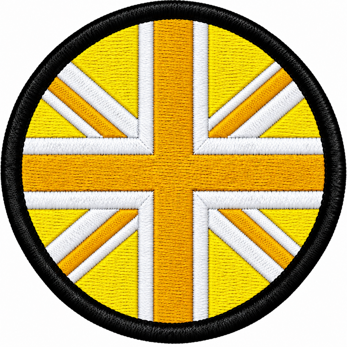 80mm round Union Jack embroidered patch in yellow gold & white with a thick black border