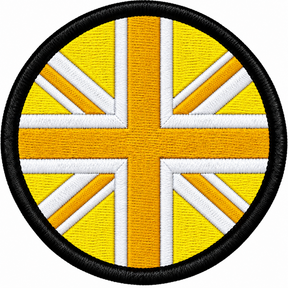 80mm round Union Jack embroidered patch in yellow gold & white with a thick black border