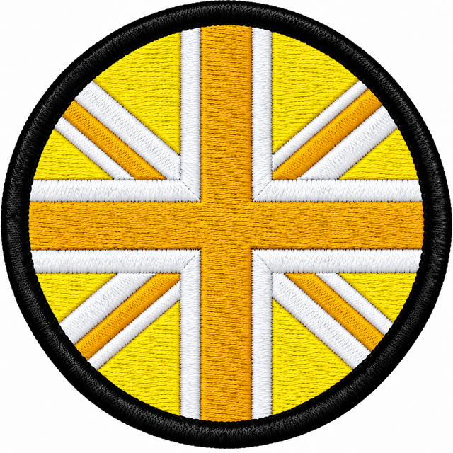 80mm round Union Jack embroidered patch in yellow gold & white with a thick black border