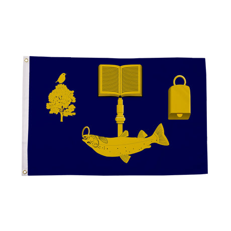University of Glasgow flag with gold book tree bird bell and fish on blue centred on white