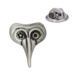 Venetian long-beaked carnival mask with decorative gear-patterned eyes, antique silver-tone pewter lapel pin badge