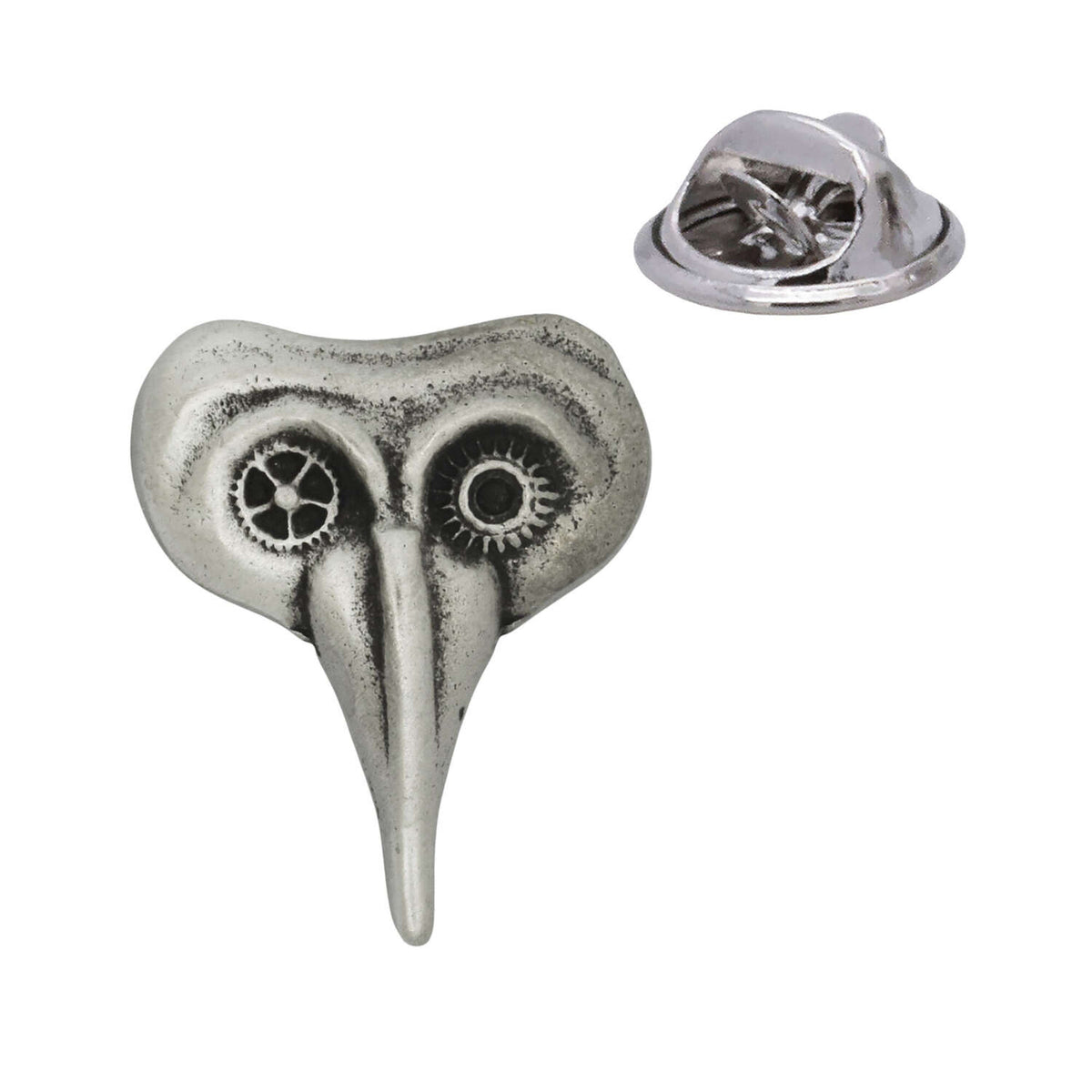 Venetian long-beaked mask with mechanical-style eye details antique silver-tone pewter lapel pin badge