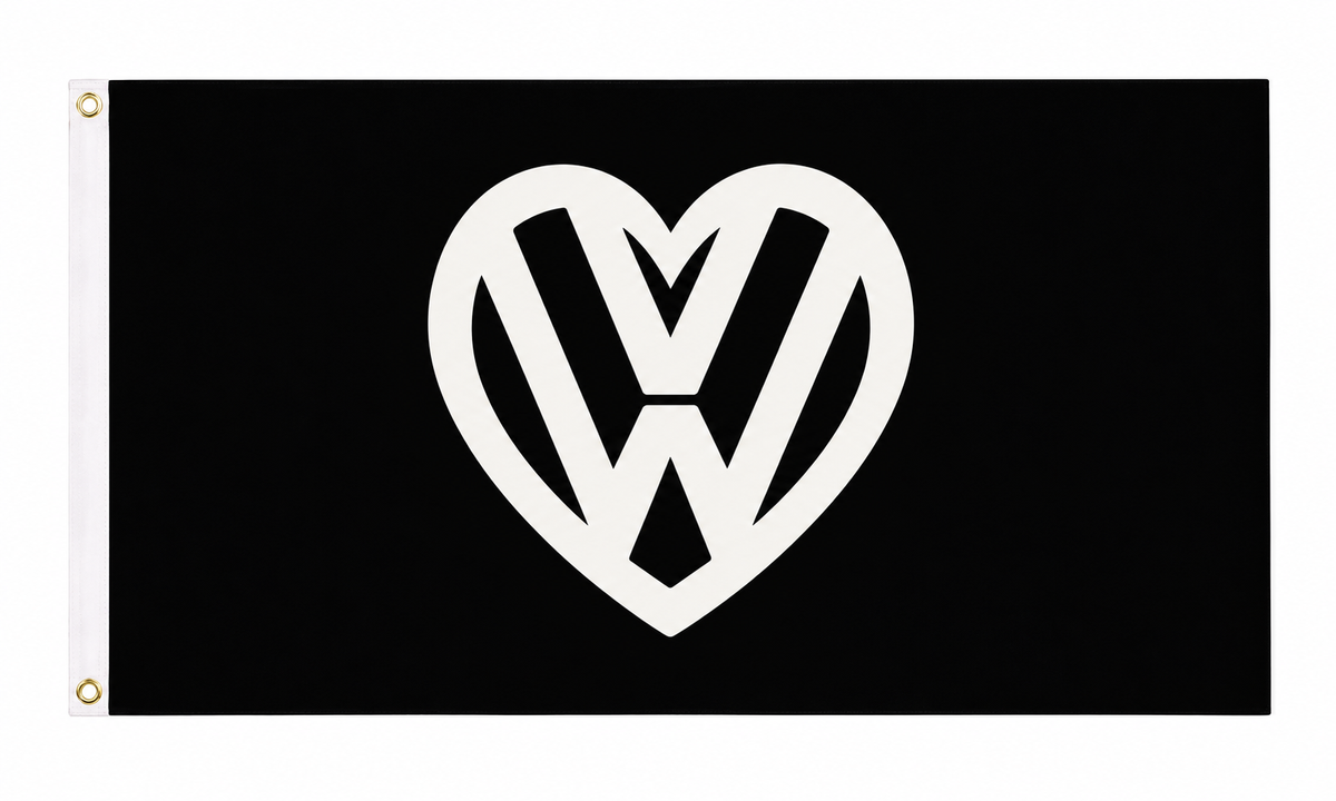 Black flag with white heart-shaped VW design, 5ft x 3ft