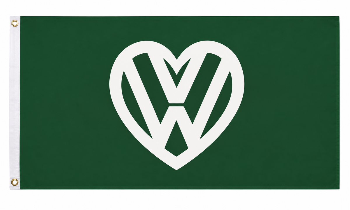 Green flag with white heart-shaped VW design, 5ft x 3ft